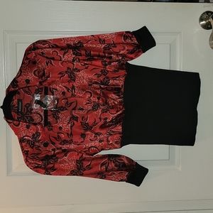 VINTAGE BEBE, SZ L LIKE NEW, BLACK AND RED SILK BLOUSE